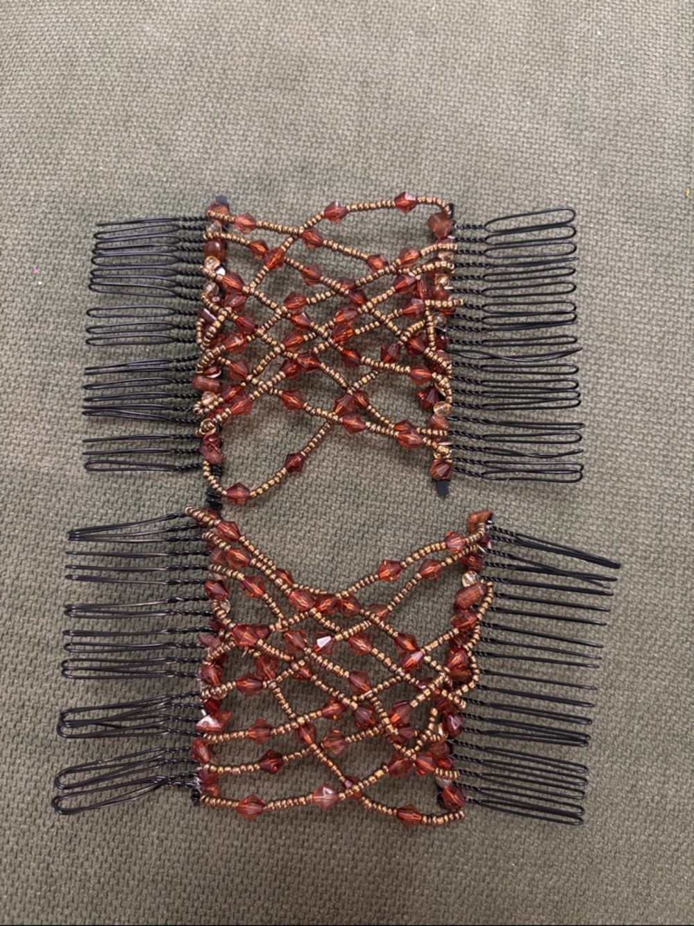 2 Beaded Brown Adjustable Hair Comb Pair - Women Accessories